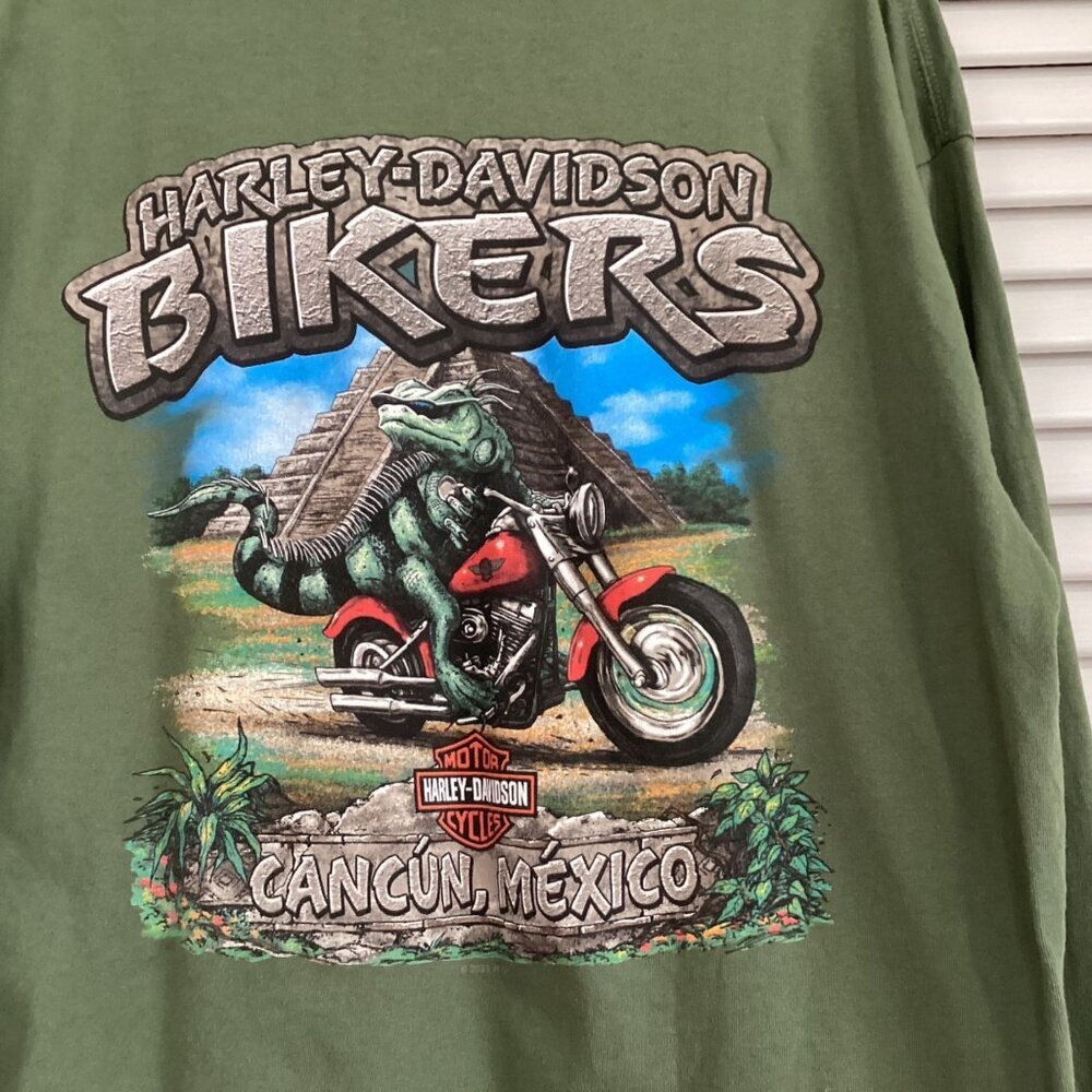 Harley Davidson Men's Green T-shirt Graphic Biker Long Sleeves L Cancun Mexico - Picture 4 of 14